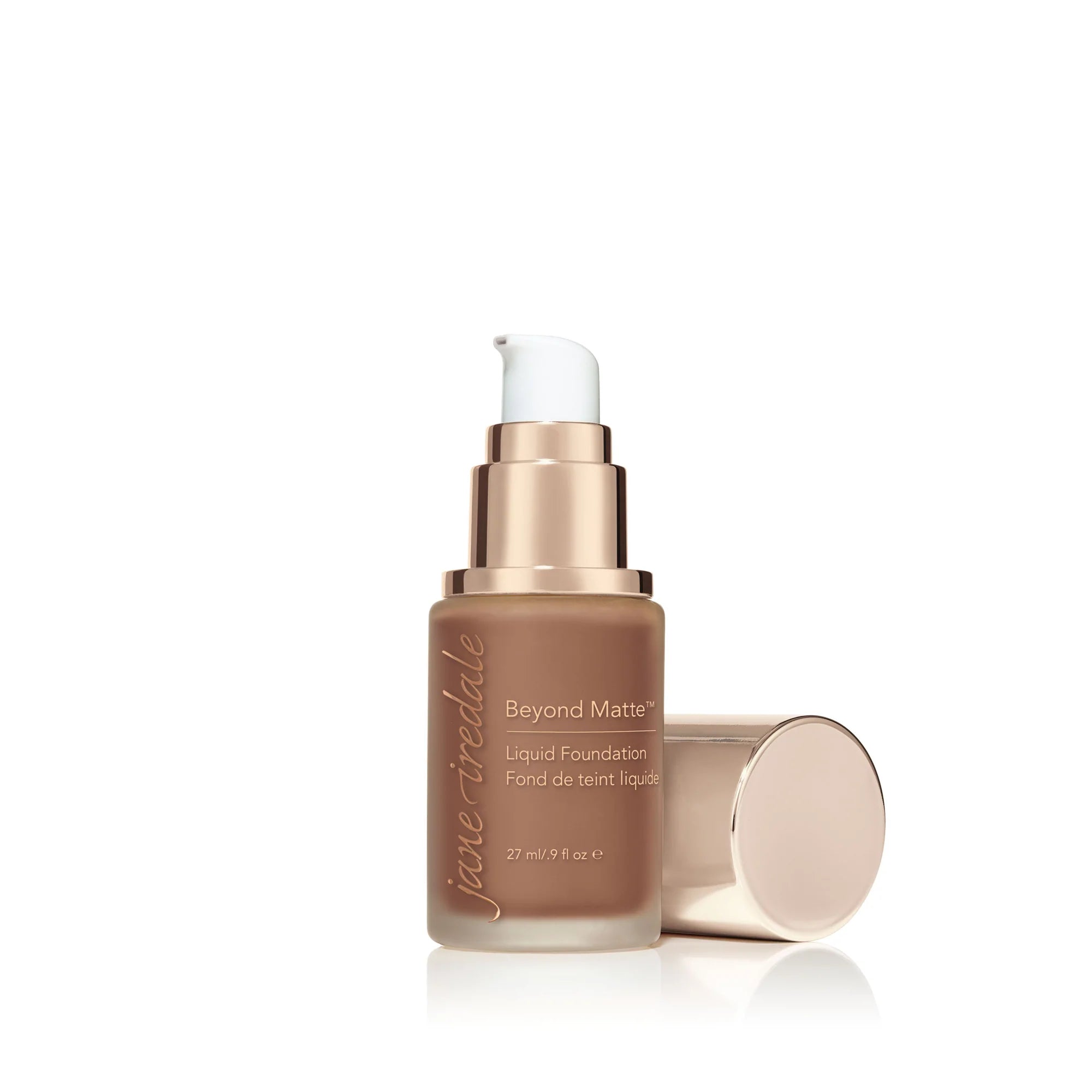 jane iredale Beyond Matte Liquid Foundation - M14 Deep Brown with Golden Undertones. Open Pump Bottle