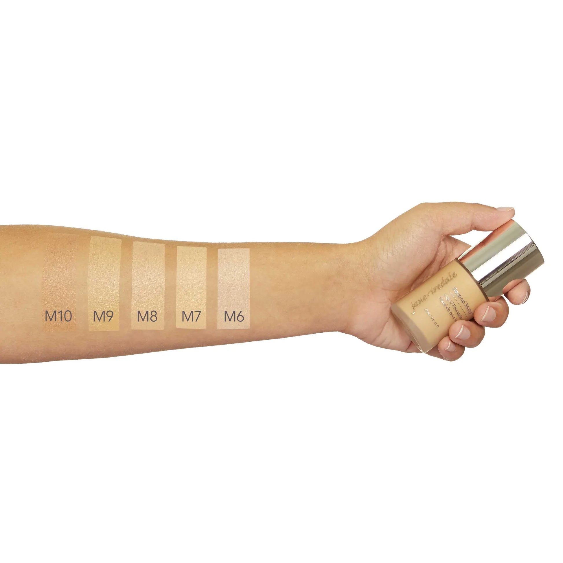 jane iredale Beyond Matte Liquid Foundation - 5 Arm Swatches M6, M7, M8, M9, M10