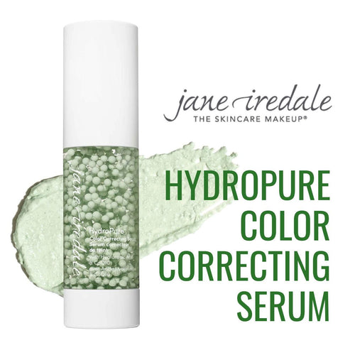 A bottle ofgreen serum against a white background with a swatch of the serum behind it. Image text: 