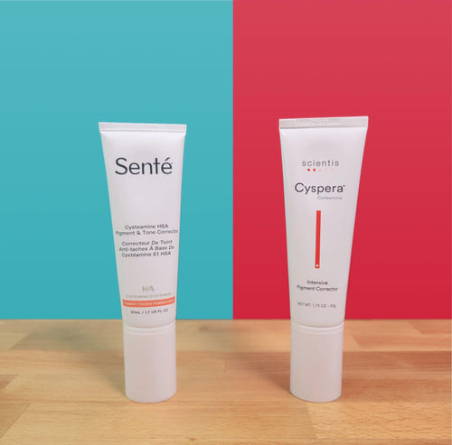 Sente Cysteamine HSA Pigment & Tone Corrector and Cyspera Intensive Pigment corrector side by side in front of a red and blue background.