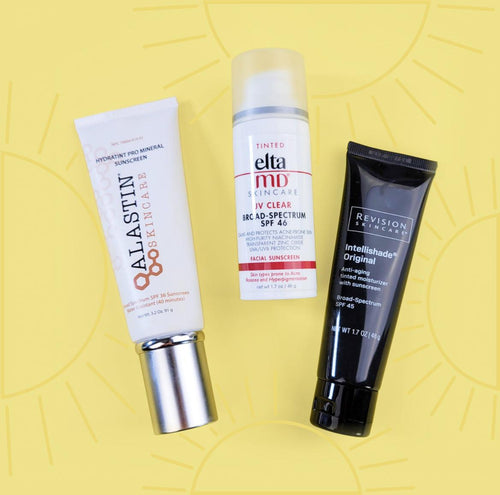 Three tinted sunscreens, Alastin Hydratint, EltaMD UV Clear, and Revision Intellishade, against a yellow background with sun illustrations.