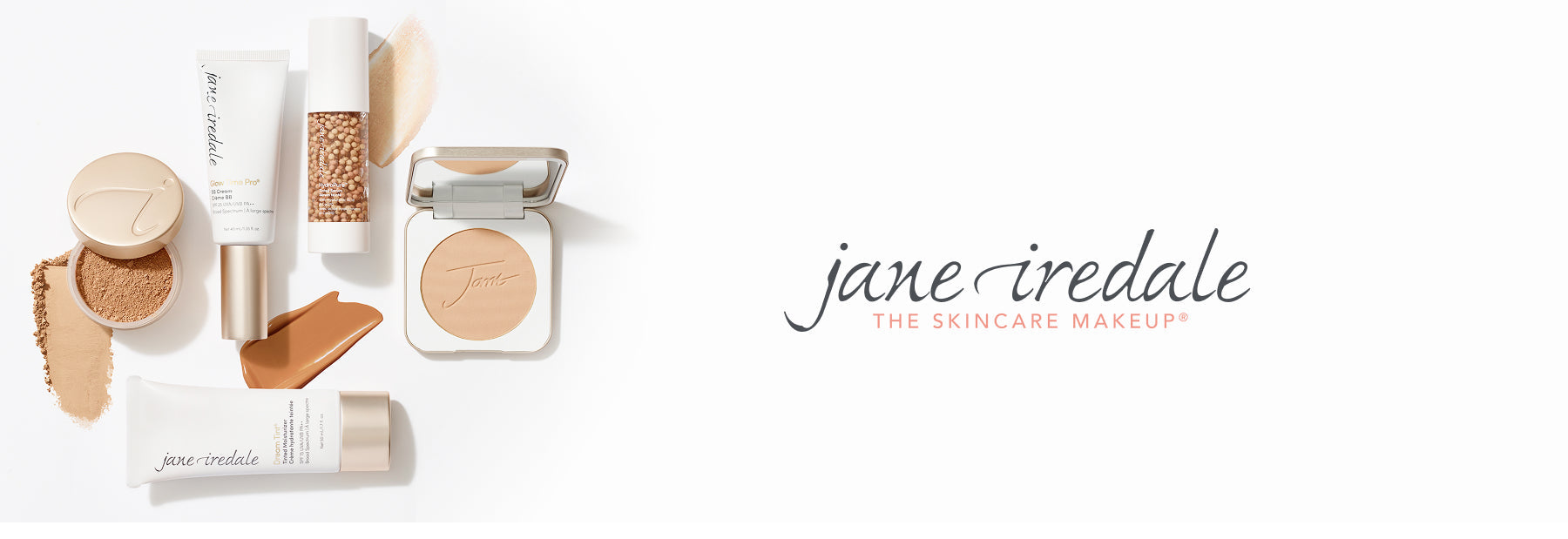 A group of popular Jane Iredale products, arranged artistically, with swatches of some products. The jane iredale logo is superimposed to the right on a white background..