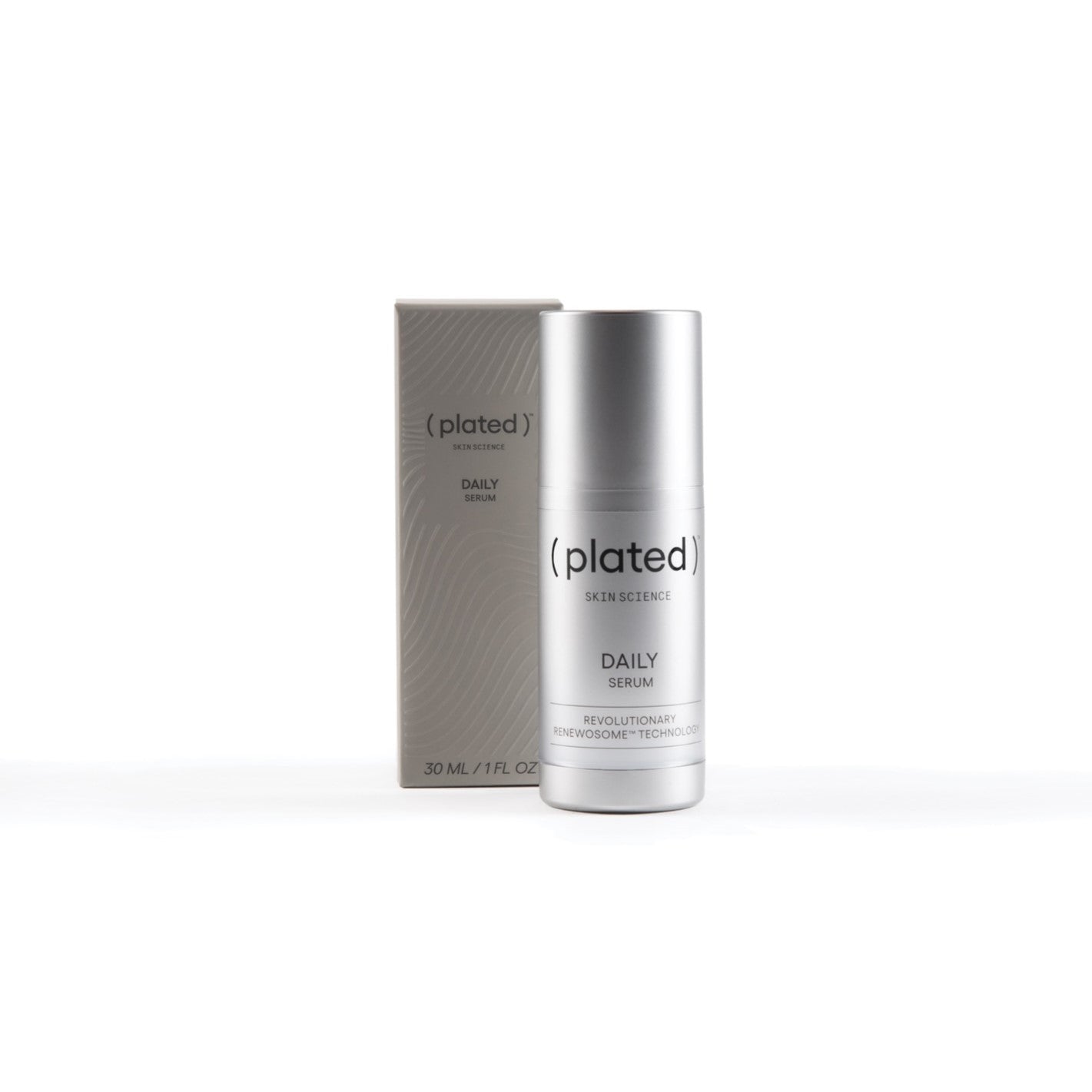 Bottle of Plated Daily Serum and box against white background