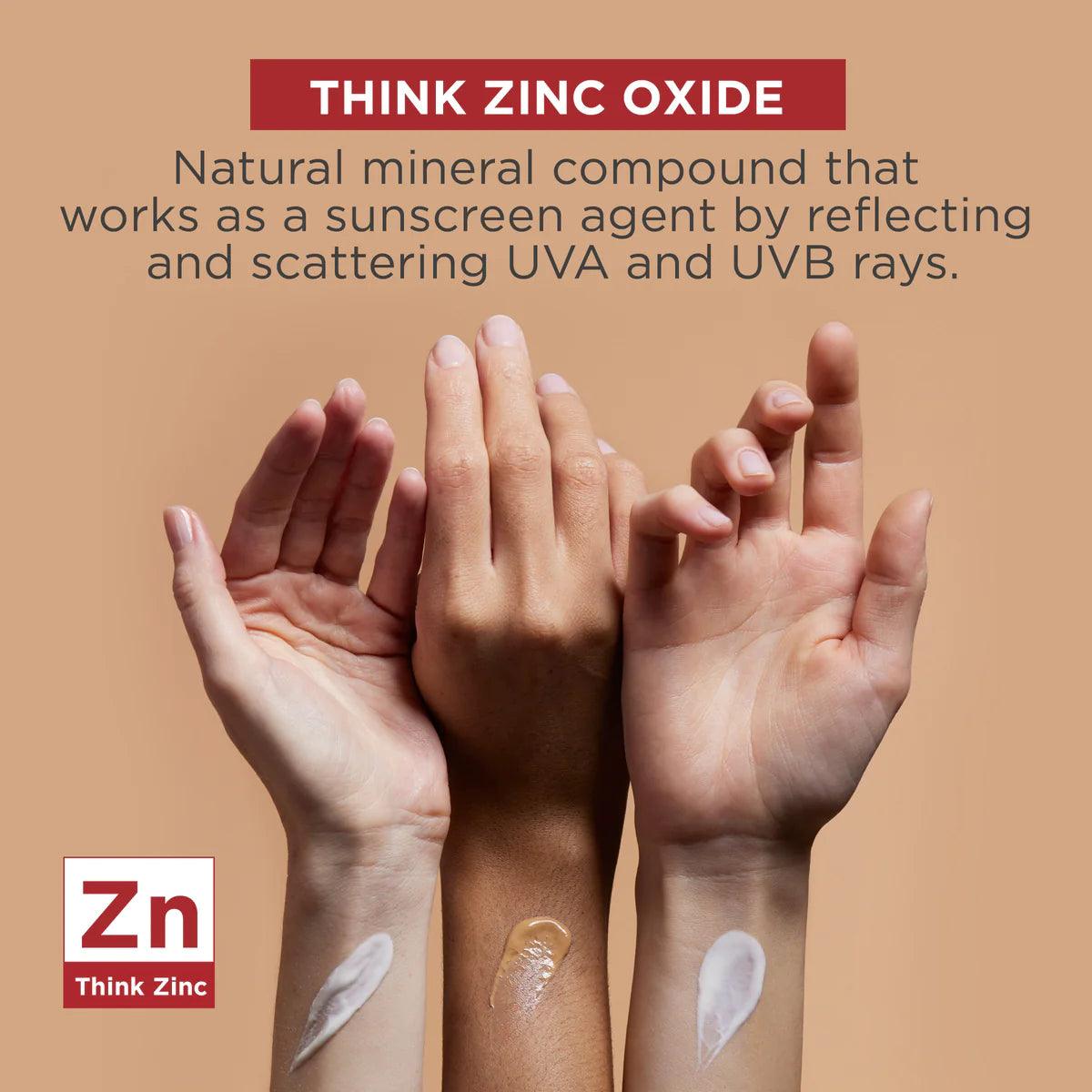 Zinc oxide - natural mineral compound that works as a sunscreen agent by reflecting and scattering UVA and UVB rays