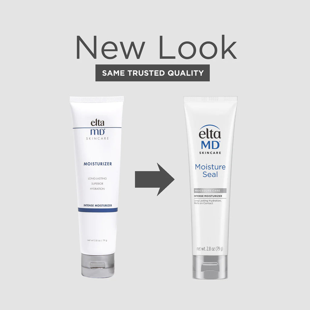 Comparison image of the new packaging; EltaMD Moisturizer is now called Moisture Seal, with  a new logo and larger text.