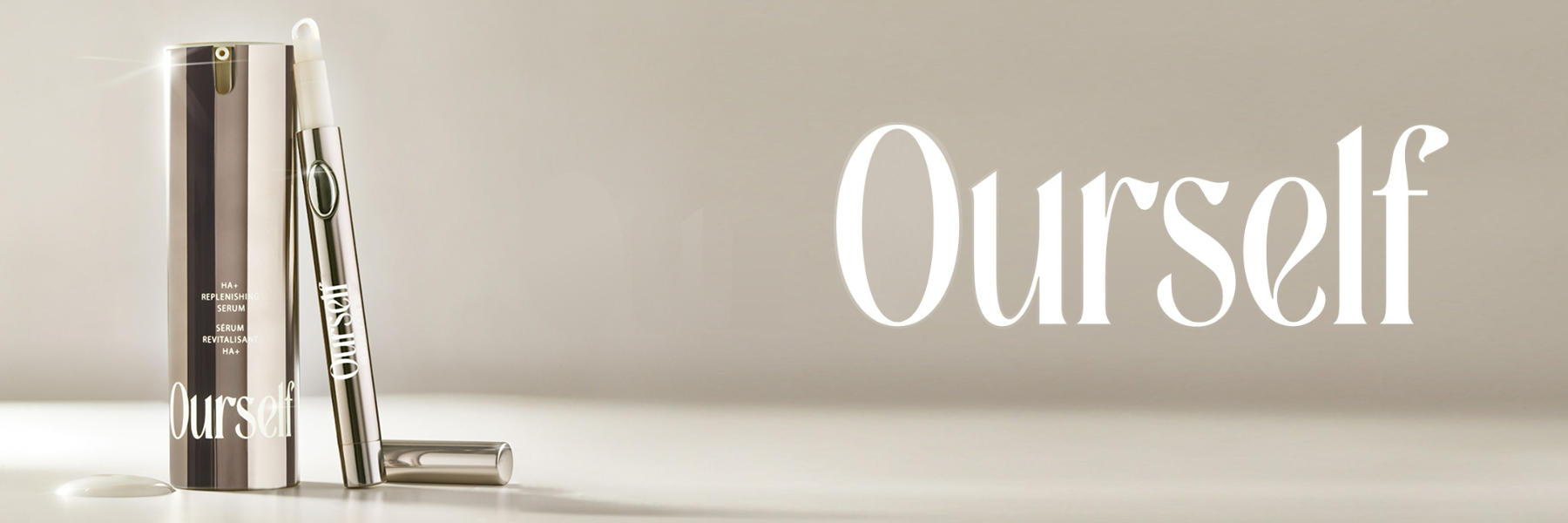Two Ourself products stand against a beige background with the Ourself logo in white.