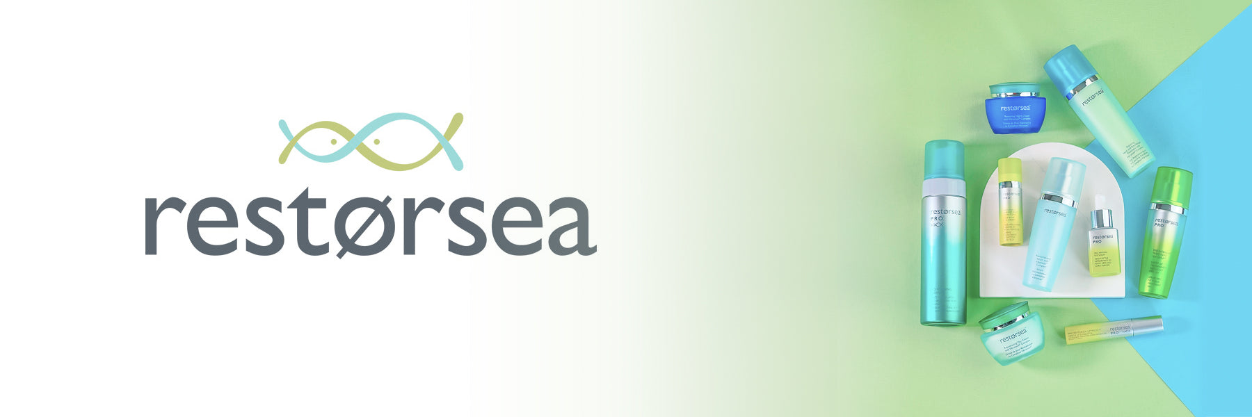 A few Restorsea products are artistically arranged on a blue and green background with the Restorsea logo to the left.