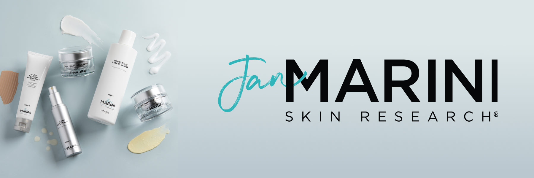 Four Jan Marini products lie on a light blue background with swatches of their contents next to them, and the Jan Marini Skin Research logo nearby.