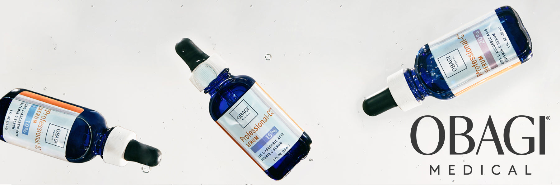 Three blue bottles of Obagi Professional-C serum appear to float across a white background, with the Obagi Medical logo in the corner.