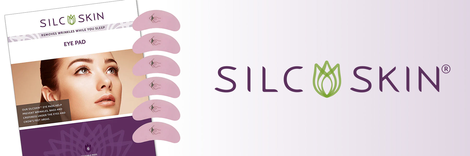 A pack of SilcSkin eye pads lies against a white to purple gradient, with the Silc Skin logo to the right.