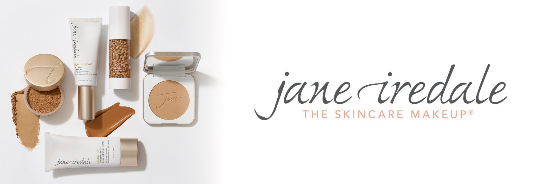 Several jane iredale makeup products are artistically arranged on a light grey background with the jane iredale logo nearby.