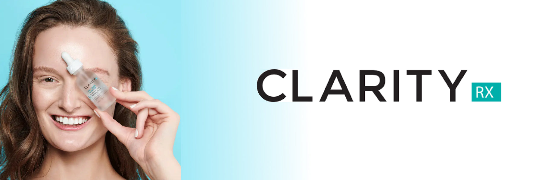 A smiling young woman holds a bottle of a ClarityRx serum in front of her eye, with the ClarityRx logo superimposed nearby.