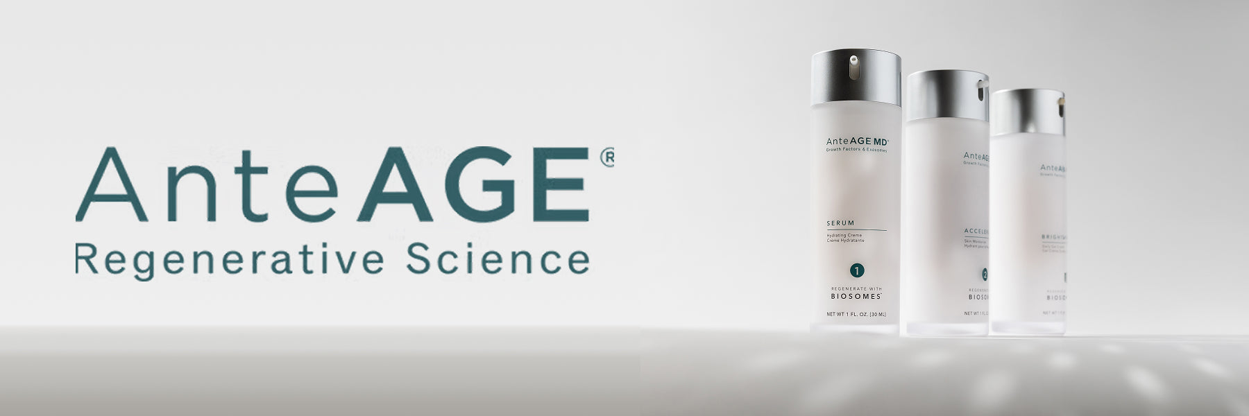 Three AnteAGE products dramatically lit against a light grey background with the AnteAGE logo.