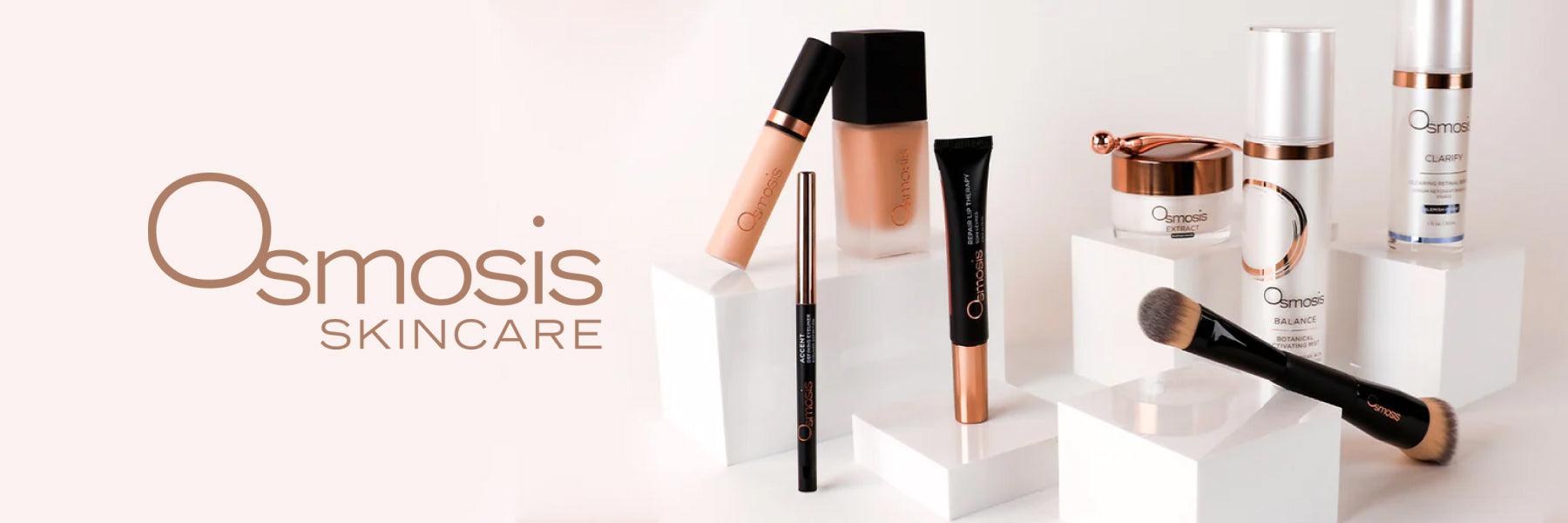 A mix of Osmosis Skincare and beauty products on white blocks, with a pale pink background and the Osmosis logo