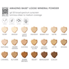 Jane Iredale Amazing Base Loose Mineral Powder Swatch Comparision Chart. 20 Shades from Ivory to Cocoa