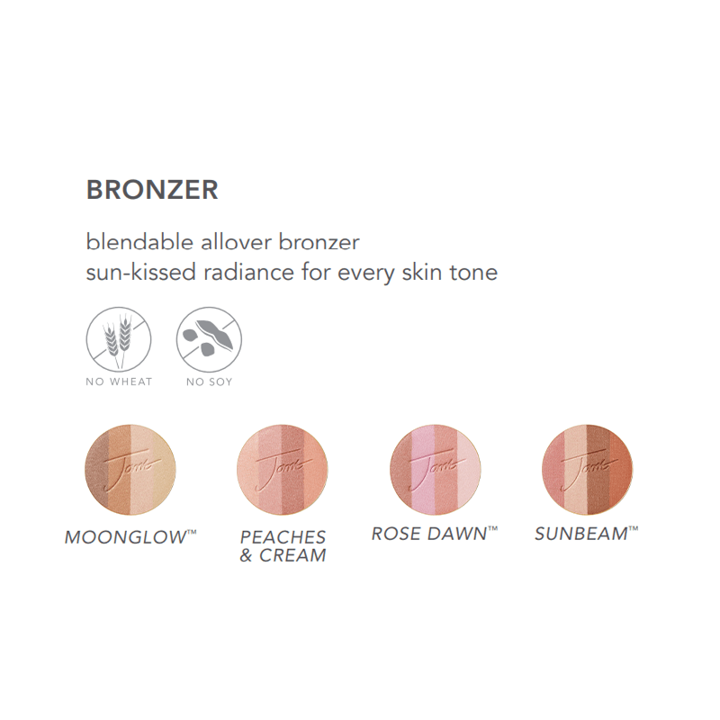 Jane Iredale Bronzer Swatch Comparison of 4 Shades: Moonglow, Peaches & Cream, Rose Dawn, and Sunbeam