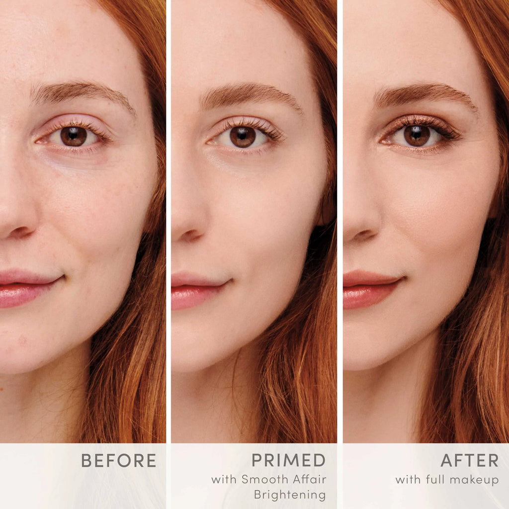 jane iredale Smooth Affair Brightening Face Primer. Before, after priming, after priming with full makeup comparison chart