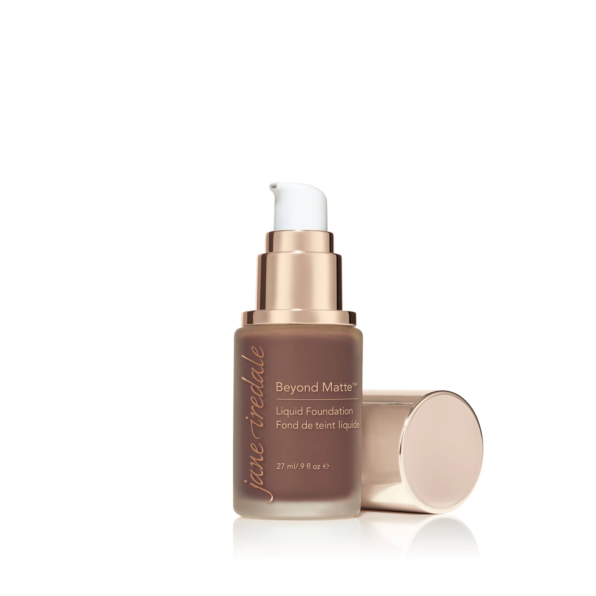 jane iredale Beyond Matte Liquid Foundation - M18 Deeper Rich Chocolate Brown with Neutral Undertones. Open Pump Bottle