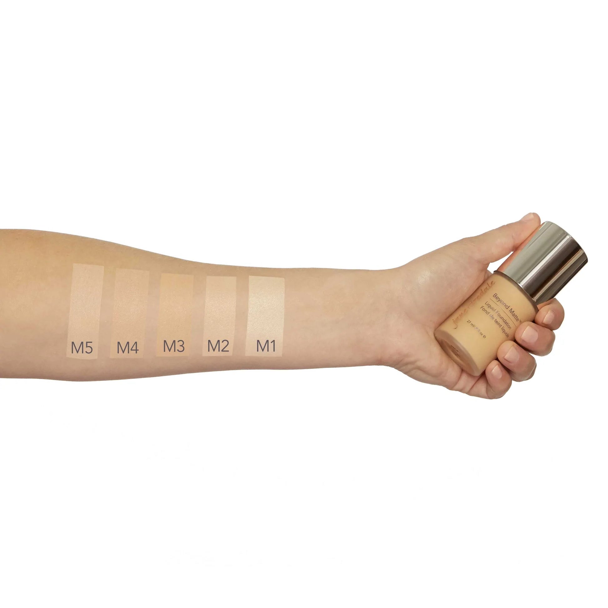 jane iredale Beyond Matte Liquid Foundation - 5 Arm Swatches M1, M2, M3, M4, M5